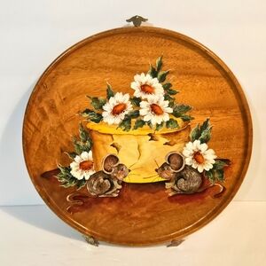 RARE Cute Hand Painted Wooden Wall Hanging or Serving Plate 11" Diameter